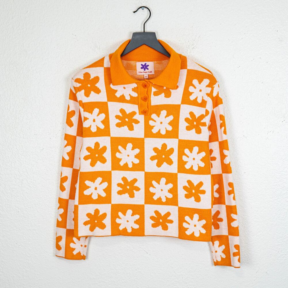Lisa Says Gah x KJP Paisley Polo Sweater knit orange white sz M/L - Picture 2 of 12